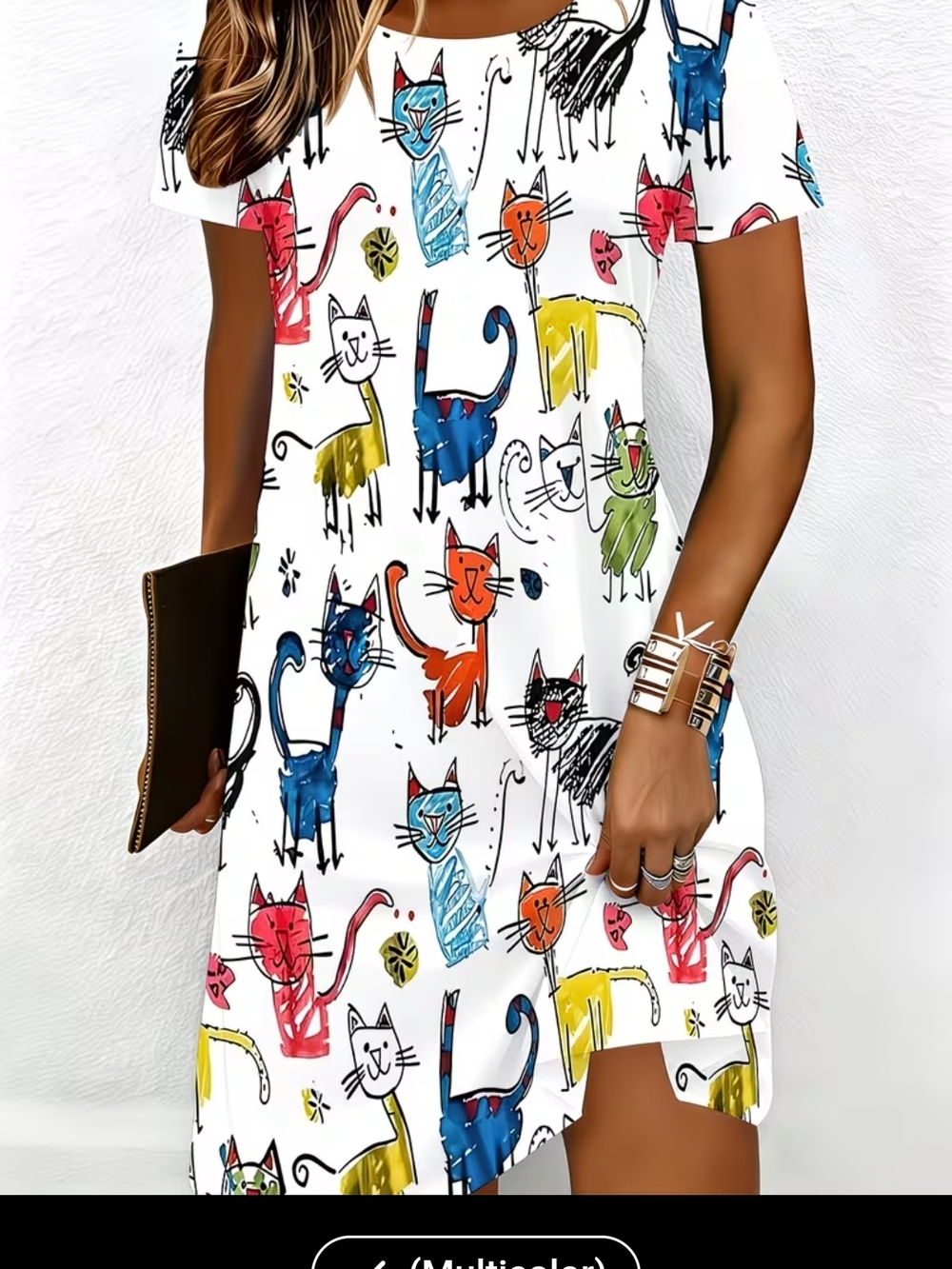 Source Unknown Multicolor Cat-Print Mini Dress